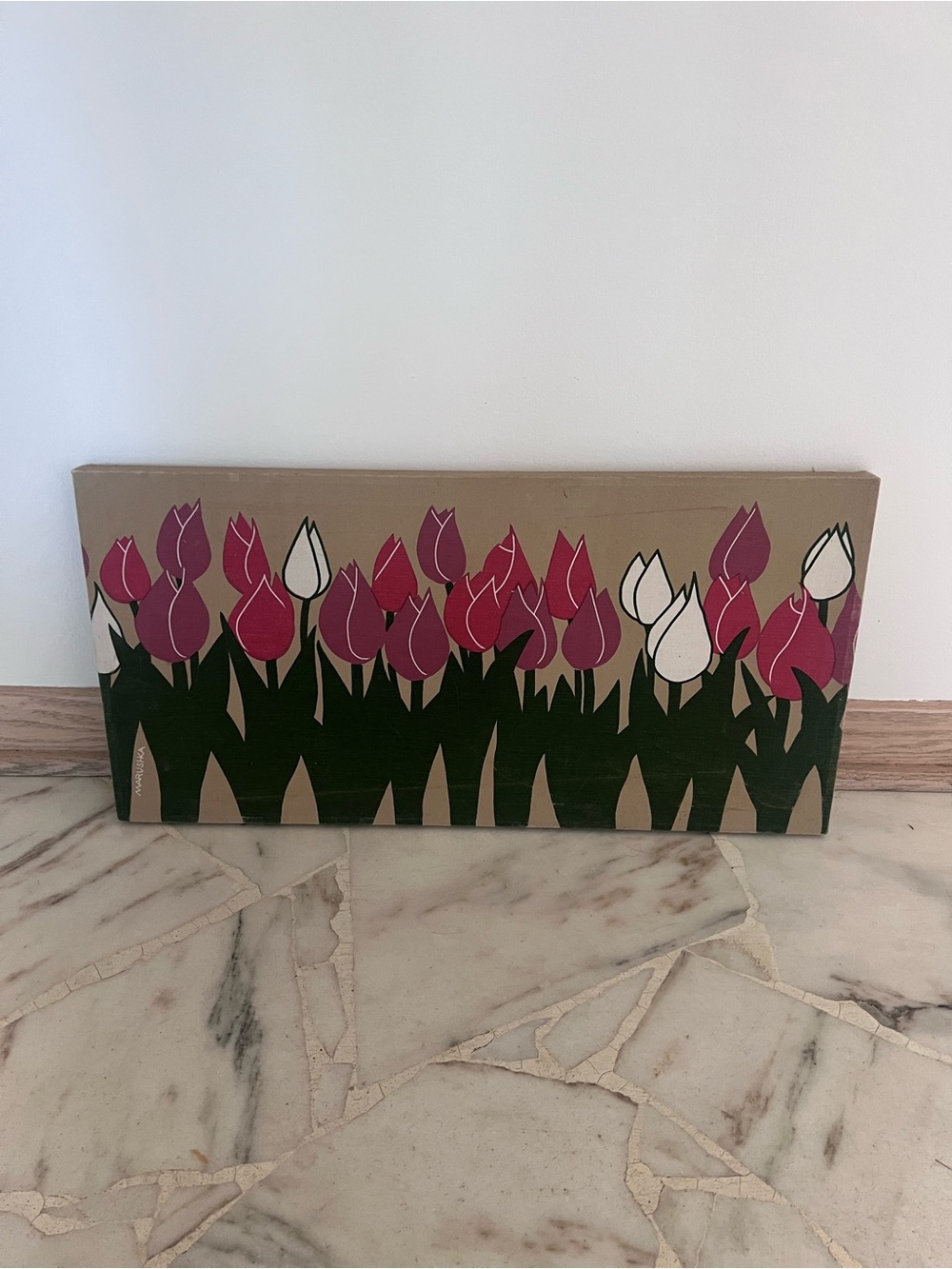Vintage Marushka screen printed stretched canvas on wood tulip print